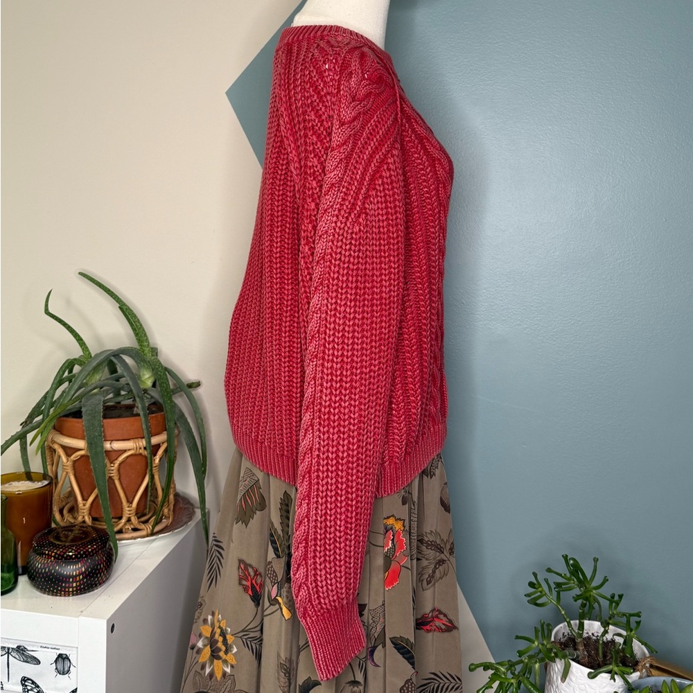 Free People Chunky Cable Knit Sweater Berry Red Cotton Cropped Cozy Knit Small - Picture 4 of 12